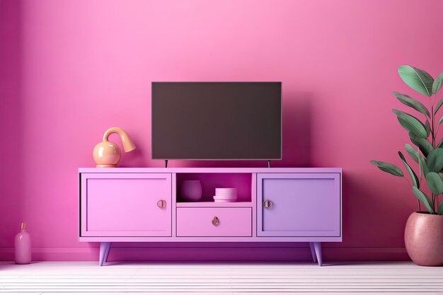 Tv cabinet with pink and purple background isolated