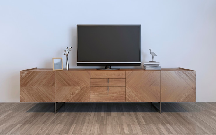 Photo tv cabinet with plasma and decorations, brown ikea cabinet with silver decorations and frame on it. 3d render