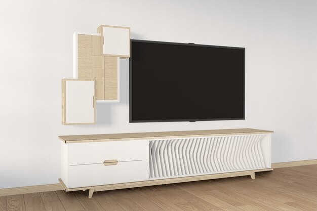 Mobile porta tv in legno in stile moderno con zen room, design minimale. rendering 3d