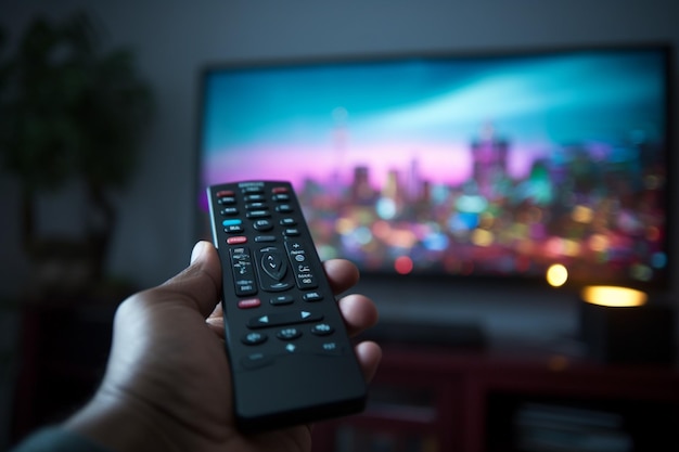 TV-controle POV-opname vangt een hand van een man met een afstandsbediening