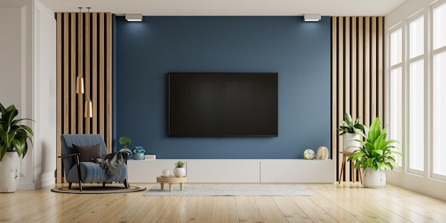 TV en kast in moderne woonkamer met blauwe fauteuil op donkerblauwe betonnen muur achtergrond 3D-rendering