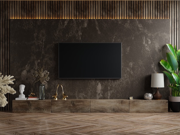 TV en kast op donkere kamer met plant op donkere marmeren muur, 3D-rendering
