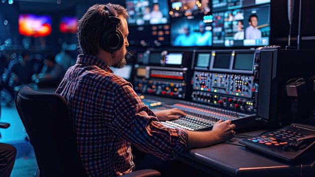 TV engineer at editor in studio TV editor working with vision mixer in a television broadcast galleryMan sat at a vision mixing panel in a television studio gallery