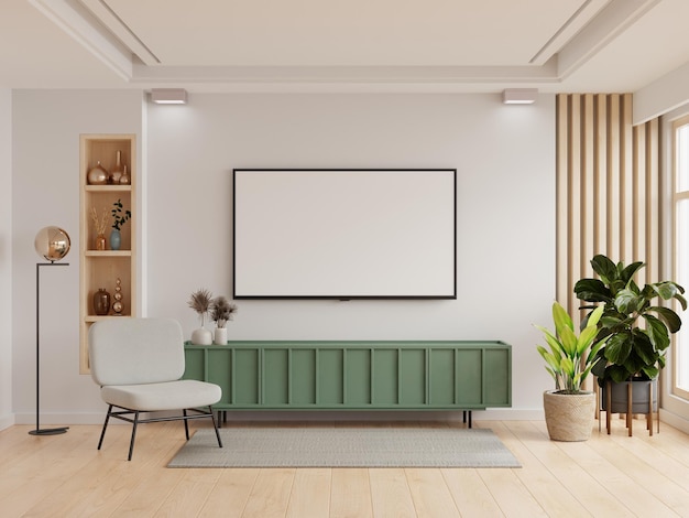 TV on green cabinet have white plaster wall in living room with armchairminimal design