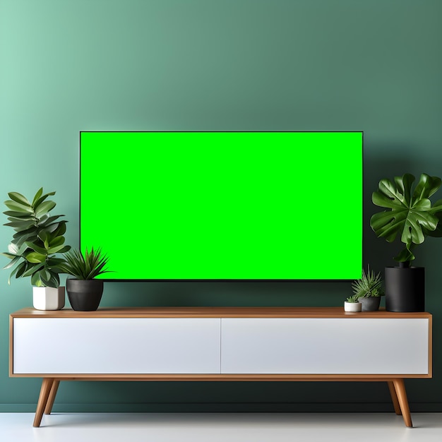 緑色の植物のテーブル上のテレビの緑色のスクリーンモックアップ