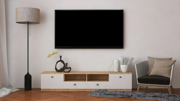 Tv interieur kamer mockup met lege tv minimalisme bureaustoel en lamp