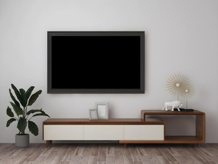 Tv interior room mockup with blank tv minimalism desk plant and objects