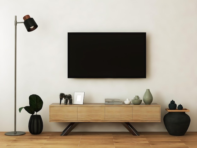 사진 빈 tv 나무 책상과 물건 식물, 플로어 램프가 있는 tv 실내 모형