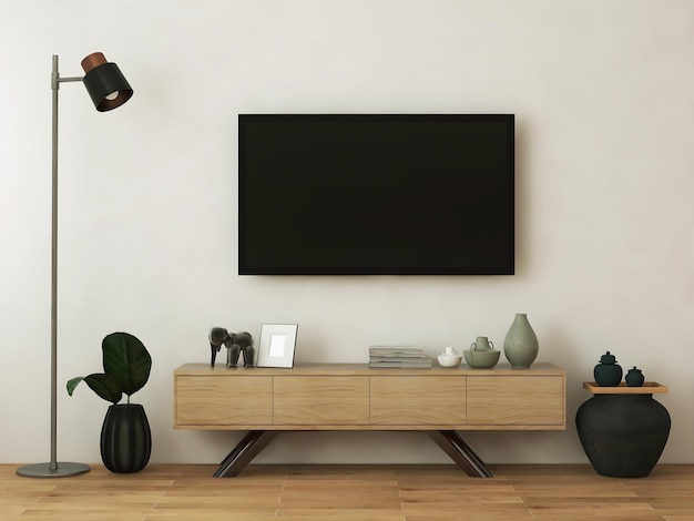 Макет интерьера телевизионной комнаты с пустым деревянным столом для телевизора и предметами, растением и торшером