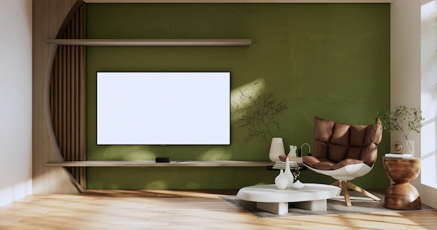 Tv-kast in Japanse woonkamer op oude groene muur background3d rendering