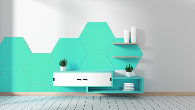 Tv-kast in kamer mint zeshoekige tegel minimale ontwerpen, zen-stijl. 3D-rendering