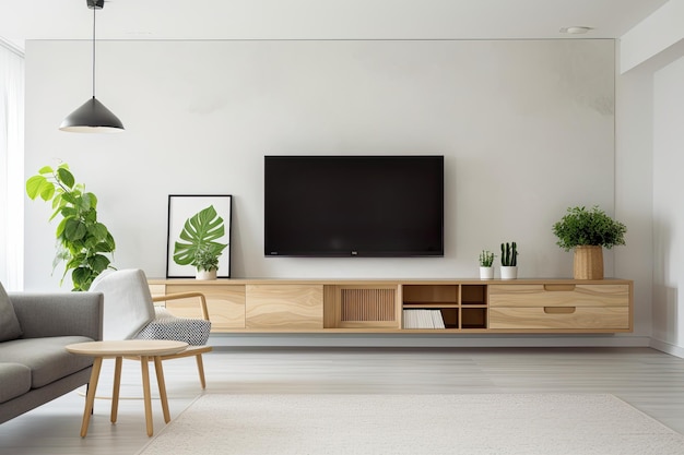 TV-kasten en een mock-up witte muur in de woonkamer met een stoel