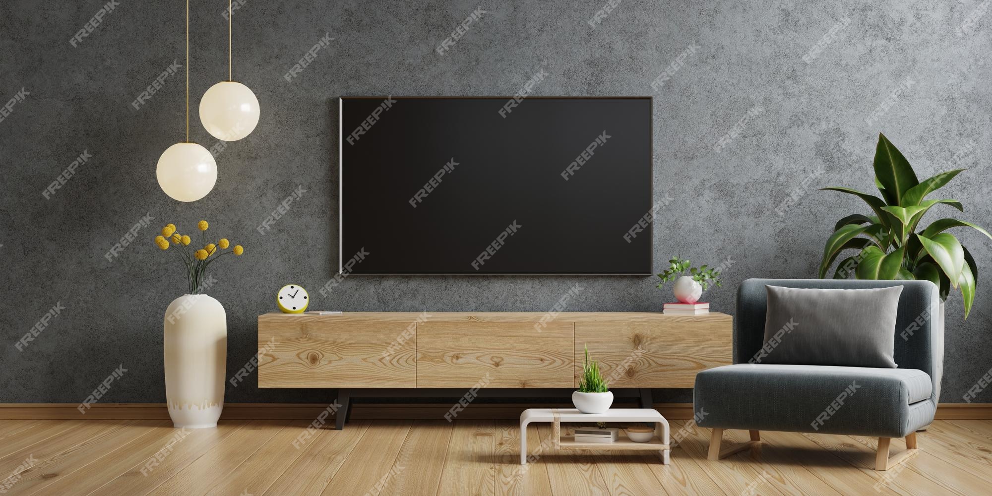 Premium Photo | Tv led on the cabinet and armchair in modern living room on  concrete wall background