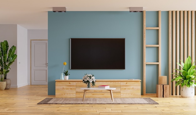 Premium Photo | Tv led on the cabinet in modern living room on blue wall  background,3d rendering