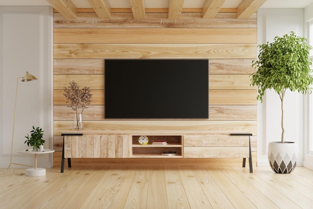 TV LED on the cabinet in modern living room on wooden wall background,3d rendering