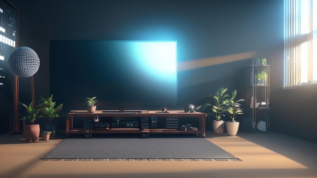 A tv in a living room with a plant on the wall.