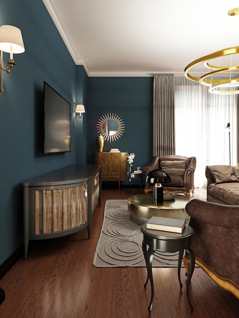 ТВ-зона в эклектичной гостиной с мягким диваном и двумя креслами в коричневых тонах.