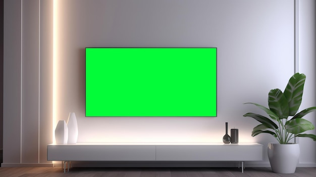 Tv met groen plasma als achtergrond in een minimalistische kamer