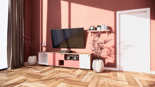 Tv-meubel en display japans interieur van roze sakura woonkamer voor bewerking. 3d-weergave