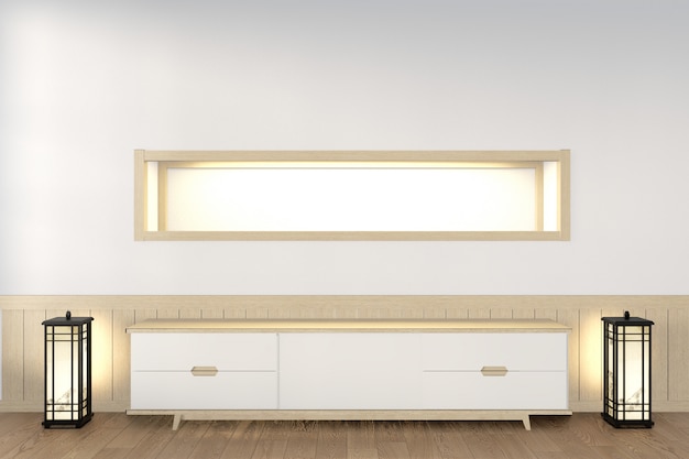 Tv-meubel houten idee moderne zen-kamer stijl, minimale ontwerpen. 3d-weergave
