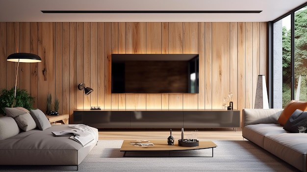 Tv meubel in eigentijdse woonkamer met houten wand Generative AI