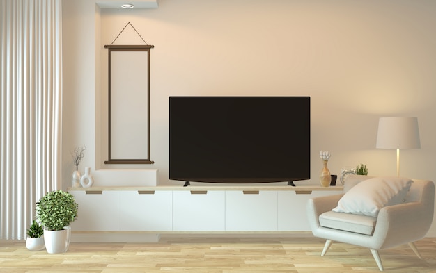 Tv-meubel in moderne Japanse lege ruimte - zen-stijl, minimale ontwerpen. 3D-weergave