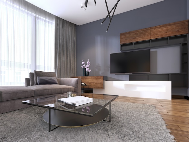 TV-meubel in moderne woonkamer met grote hoekbank in stof en ramen met tule. 3D-rendering