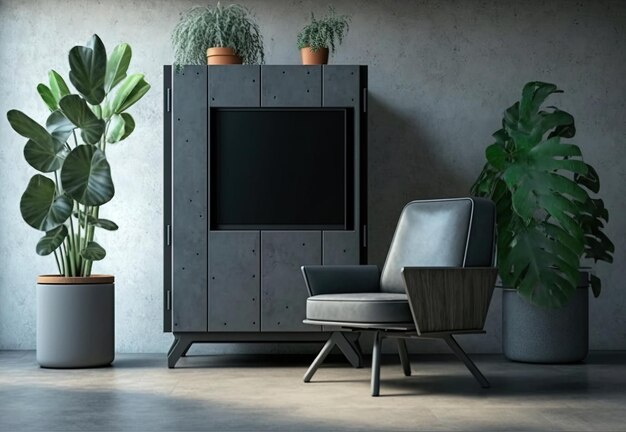 TV-meubel op betonnen muur in moderne woonkamer ingericht met bank en plant