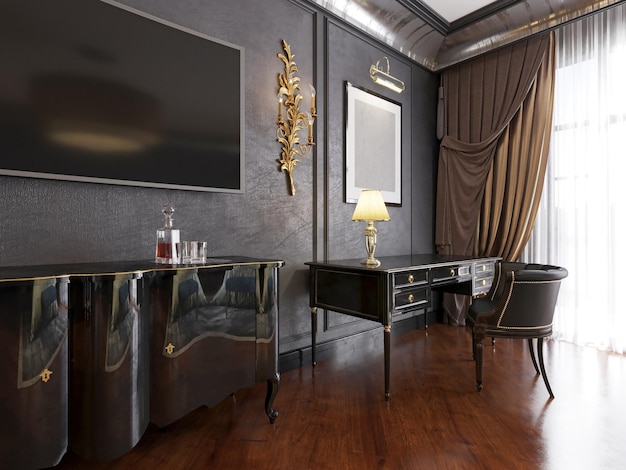 Tv-meubelstandaard werktafel en fauteuil met vloerlamp in een klassieke slaapkamer in donkere kleuren