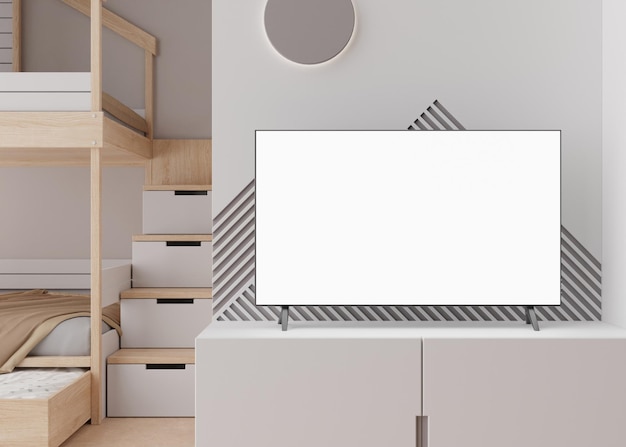 TV mock up in children's room LED TV with blank white screen Copy space for advertising kids movie app game presentation Empty television screen ready for your design 3D render