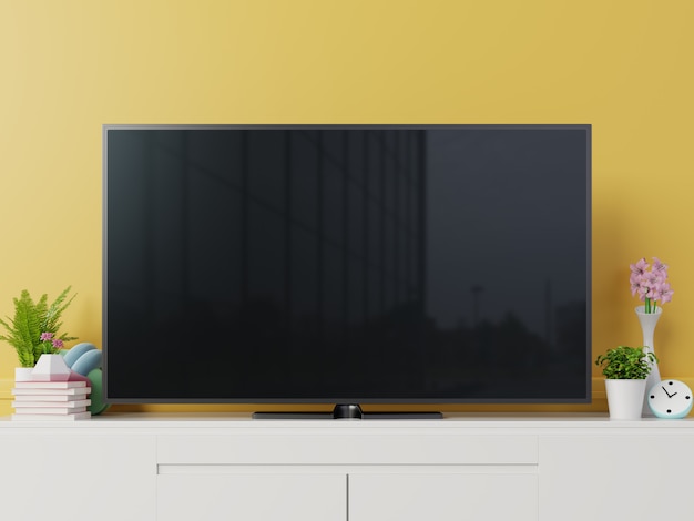 Mockup tv con schermo nero bianco sul cabinet. rendering 3d