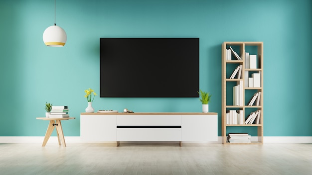 TV in modern empty room blue wall. 3d rendering