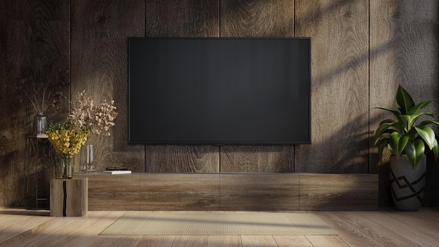 TV in modern living room with decoration on wooden wall background.3d rendering