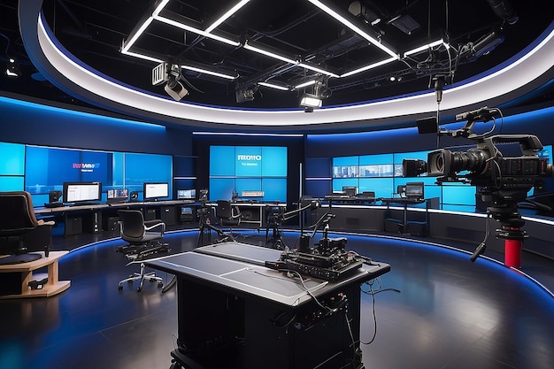 Foto tv-news-studio met lichte apparatuur klaar voor opname tv-news-studio met lichtapparatuur gereed voor opname en release