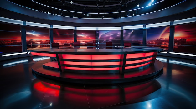 Студия теленовостей, системы освещения сцены, вещание студии новостей, ведущая