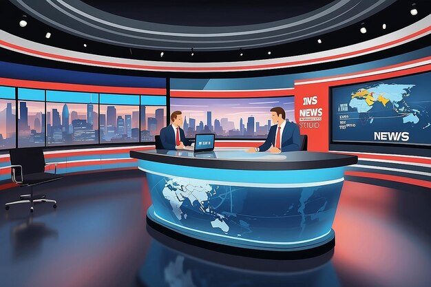 Photo tv news studio with broadcaster and breaking world background vector illustration