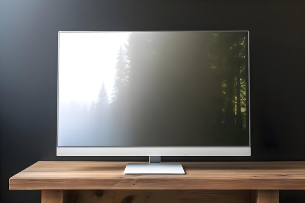 사진 나무 3d 렌더와 함께 어두운 방에서 나무 테이블에 tv