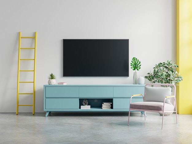 TV op kast binnenmuurmodel in moderne lege ruimte, minimaal ontwerp, 3D-rendering