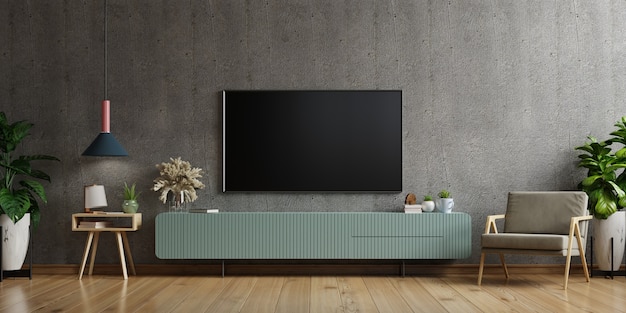 Tv op kast de in moderne woonkamer de betonnen muur, 3D-rendering