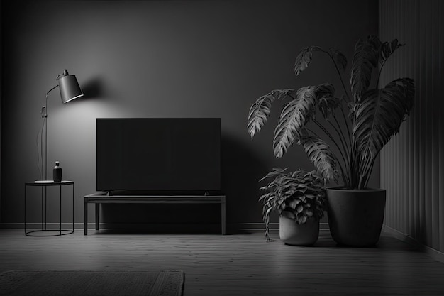 A TV plant and floor lamp on a carpet in a grey room black poster frames