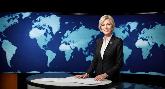 Tv presenter in studio news presenter on popular channel political news and events on background world map american elderly lady news anchor in suit news program in tv studio generative ai