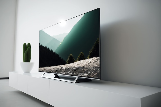 가구의 방에 있는 TV Led Tv 텔레비전은 때때로 텔레비전이라고도 불리며 이미지와 오디오를 즉시 재생하는 전자 시스템입니다. 많은 기술을 갖춘 현대식 텔레비전