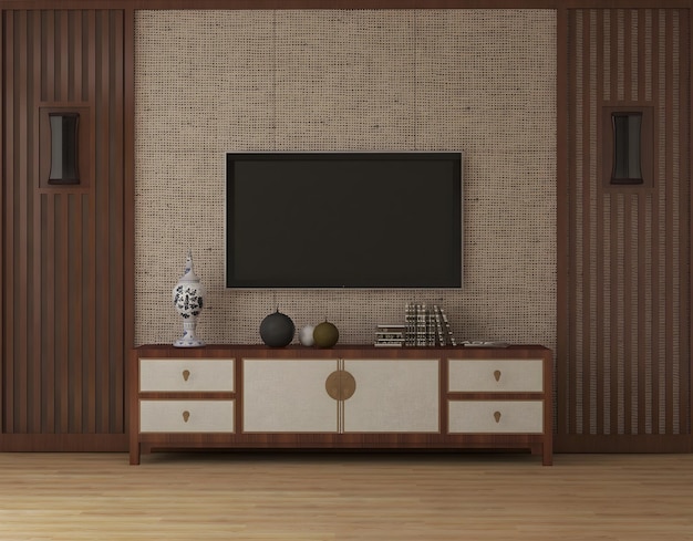 Tv room interior mockup with blank tv brown decorative wall and\
vintage desk