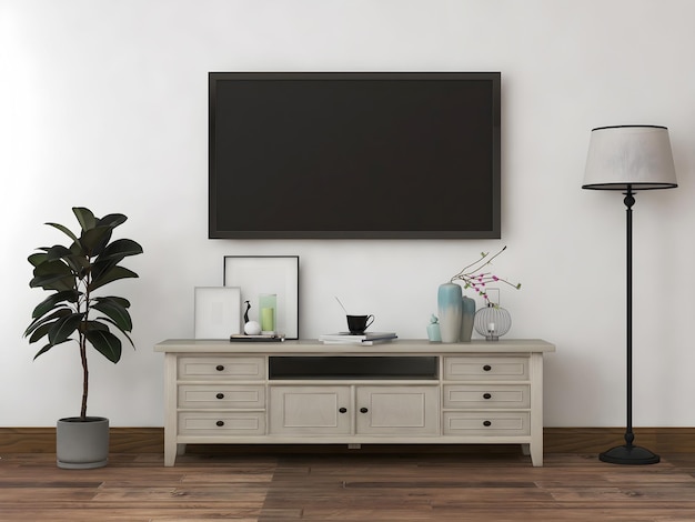 Tv room interior mockup with blank tv old desk old lamp and
plant