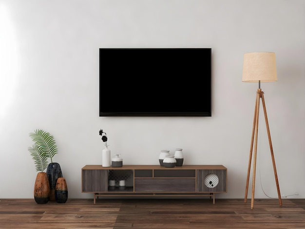 Tv room interior mockup with desk objects and floor lamp