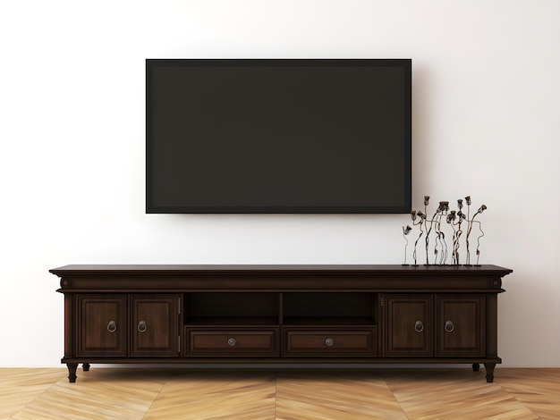 Tv room interior mockup with wooden classic desk and blank\
tv