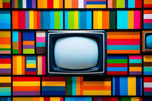 A tv screen is on a wall with colorful tiles.