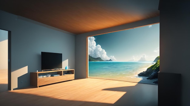 A tv screen in a living room with a beach scene.