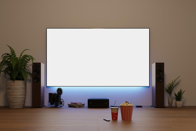 Tv screen mockup in living room 3d rendering