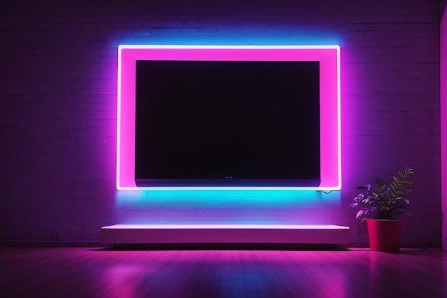 Tv screen on the wall with neon light